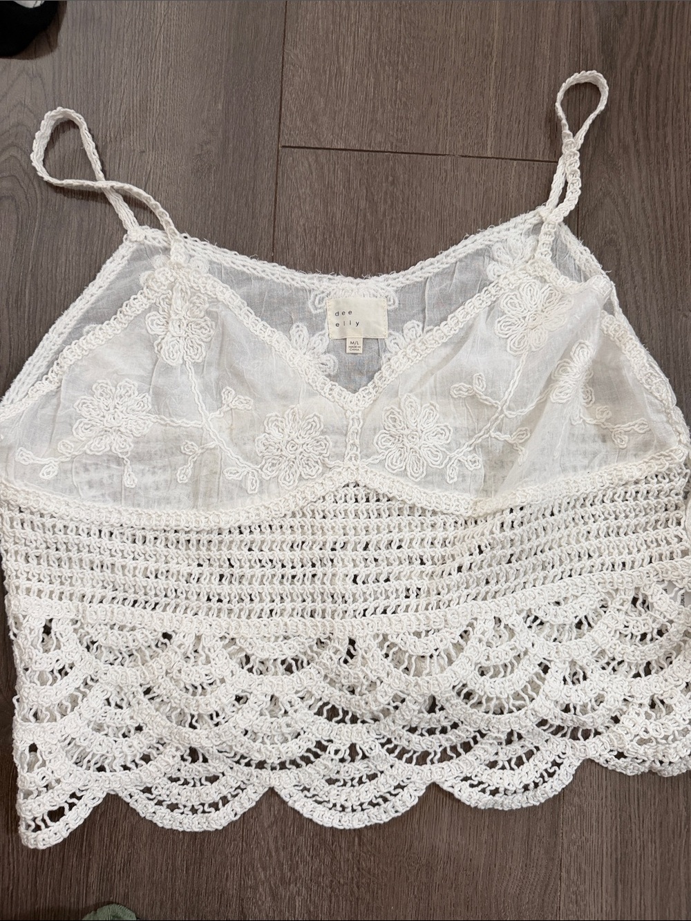 Boho Crochet & Embroidered White Cami with Scallop Hem
